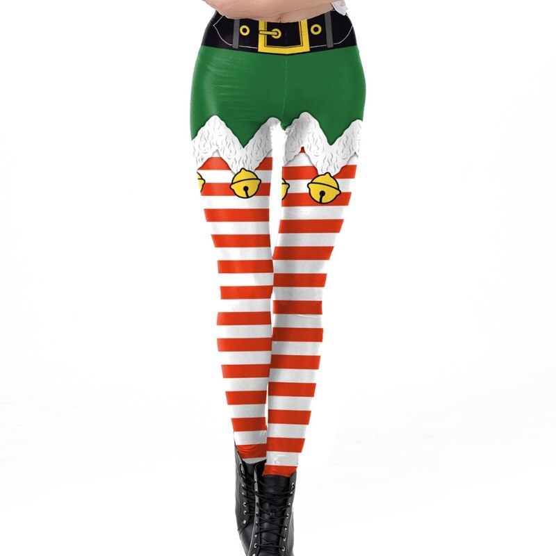 Women Ugly Christmas Fake Elf Shorts Print Leggings Funny Belt Striped Santa Holiday Tights Mid Rise Xmas Festival Cosplay Pants