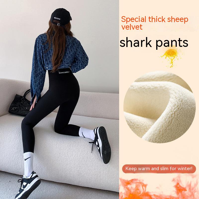 Shark Skin Leggings Women's Pants Tight High Waist Belly Spring and Autumn Winter Wear Plus Velvet Padded Yoga Barbie Pants