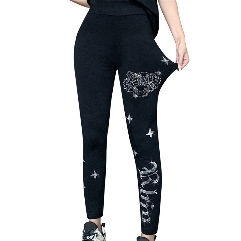 Black Stretch Rhinestone Skinny Pants Women Leggings Pearl Thick Velvet Ankle-Length Elastic Pants Tide Autumn Winter Leggings