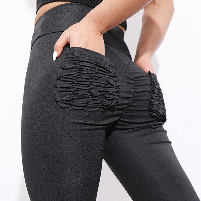 Women's Fitness Leggings High Elastic Push Up Leggins Female Pleated Pocket Pants High Waist Workout Leggings