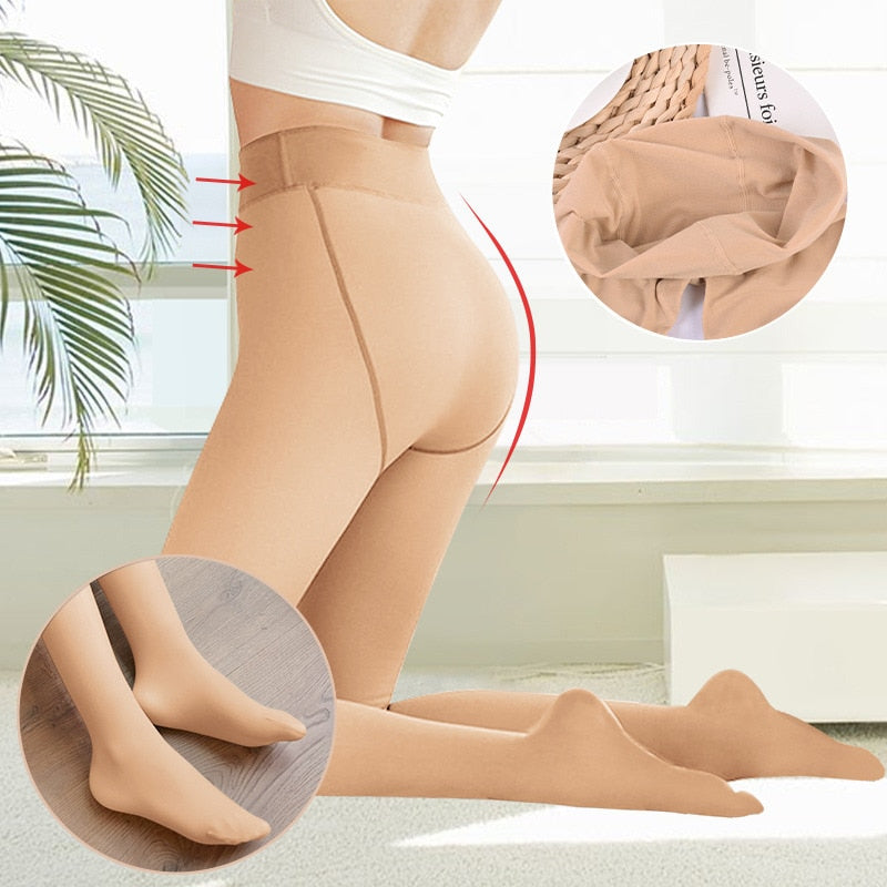 Thermal Pantyhose Women Thicken Stockings Fake Translucent Stockings High Waist Elastic Fleece Lined Socks Slim Tights Legging