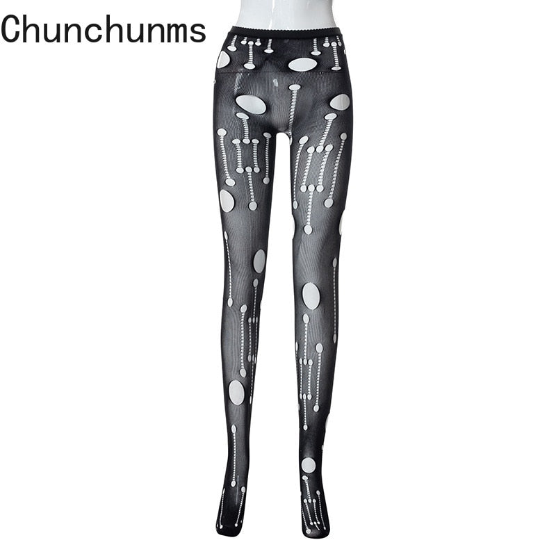 2022 Spring Sexy Hollow Out See Through Stocking Women Black Mesh Hole Tight High Waist Legging Club Streetwear Perspective Pant