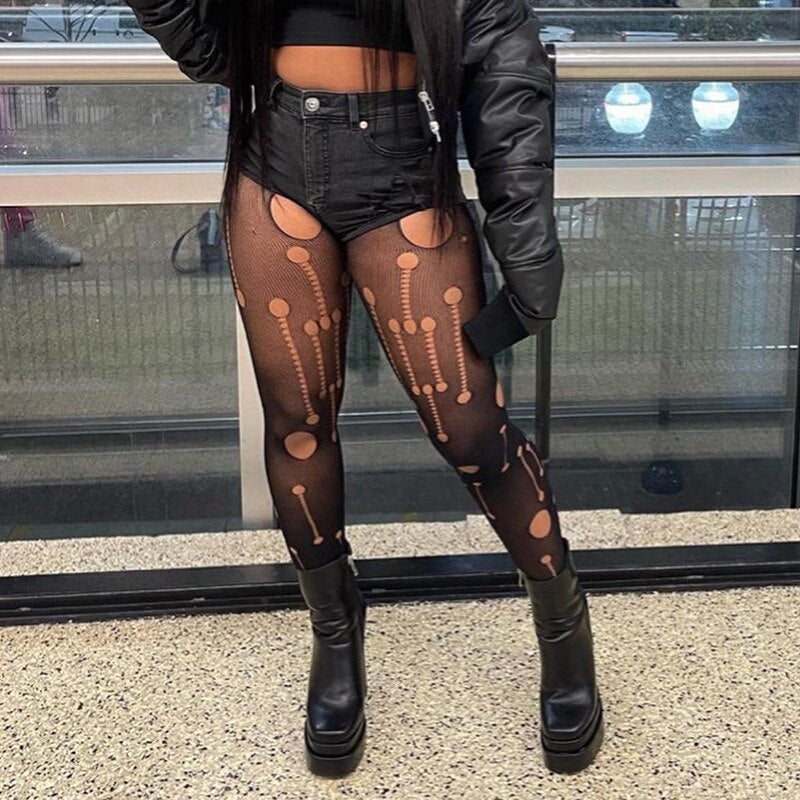 Sexy Party Push Up Leggings Women Clothing Fashion Mesh See Through Nightclub Transparent Pantyhose Hollow Out Ripped Distressed