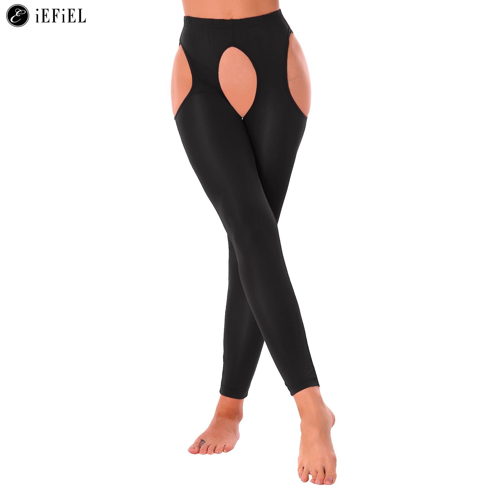 Womens Ice Silk High Waist Tights Suspenders Pantyhose Hollow Out Footed Long Pants Crotchless Leggings Thigh High Stockings