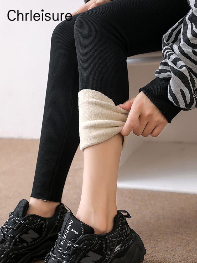 CHRLEISURE Leggings Women Winter Warm with Pocket Lambskin Cashmere Pants Thick High Waist Elastic Velvet Leggings Female