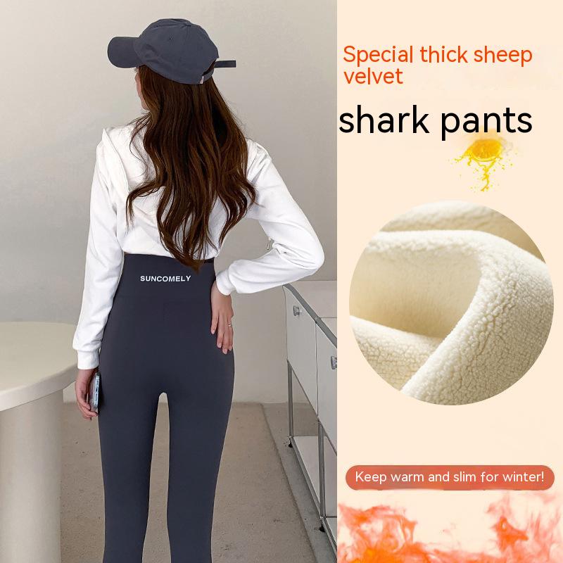 Shark Skin Leggings Women's Pants Tight High Waist Belly Spring and Autumn Winter Wear Plus Velvet Padded Yoga Barbie Pants