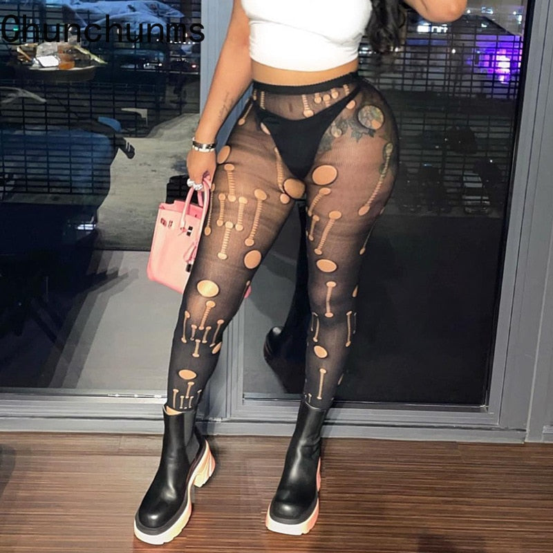 2022 Spring Sexy Hollow Out See Through Stocking Women Black Mesh Hole Tight High Waist Legging Club Streetwear Perspective Pant