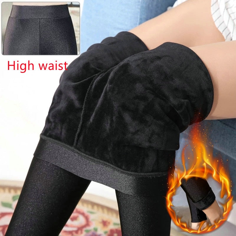 2022 Winter Velvet Faux Leather Leggings Women Thicken Plush Warm High Elastic Skinny Pants Sexy Slim Black PU Thermal Tights