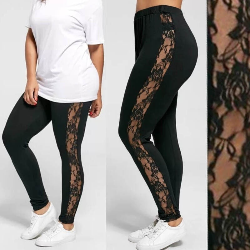 Women's Ladies Floral Lace High Waist Pants Side Panel Cut Out Black Leggings Plus Size Ladies Clothes Patchwork Trousers