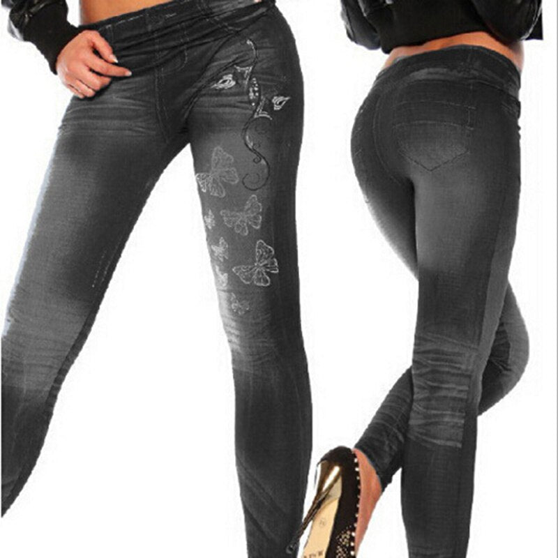 GAOKE High Quality Women Leggings Butterfly Printing Leggin Skinny Jeans Legging Female Casual Denim Legging