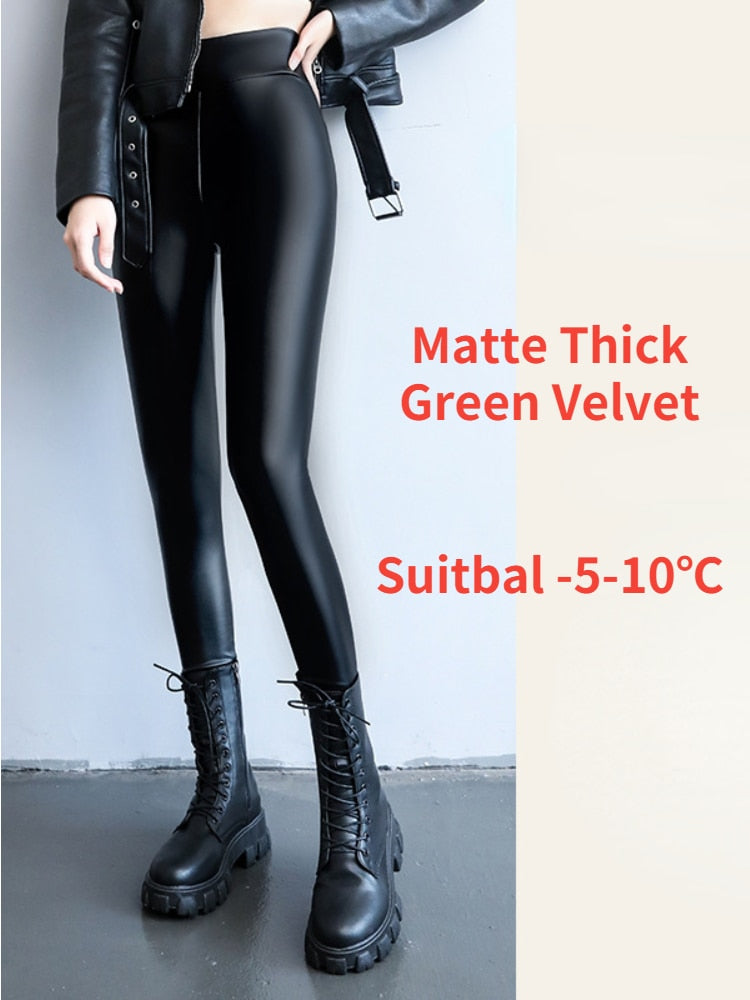 Winter Leggings Women Warm  Leather High Waisted Strengthed Thick Velvet Black Slimming Faux Pu Leather Leggings for Women