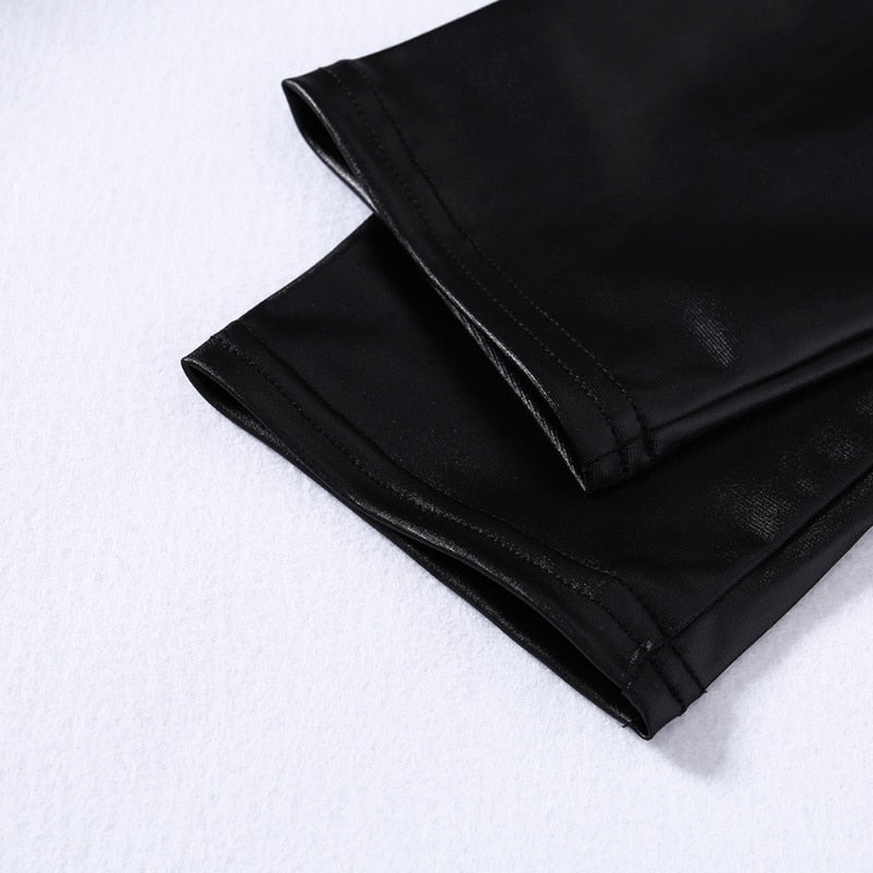 Women High Waisted Zipper Pencil Pants Black Faux Leather Legging with Zipper