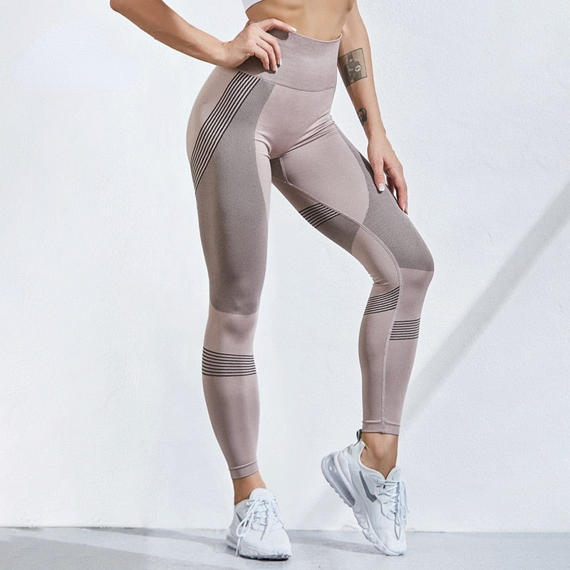 Women Sexy Workout Leggings Casual Tight High Waist Push Up Legging Seamless Side Stripes Gym Patchwork Fitness Tights