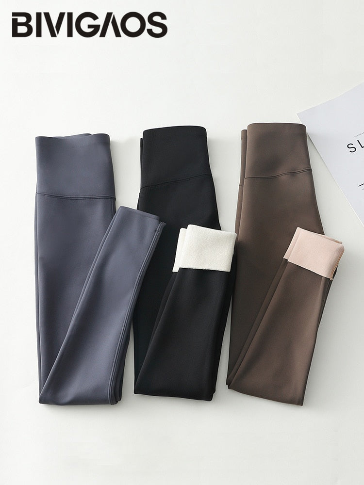 BIVIGAOS Autumn Winter High Waist Velvet Thicken Shark Pants Women's Seamless Fleece Warm Leggings Slim Casual Leggings