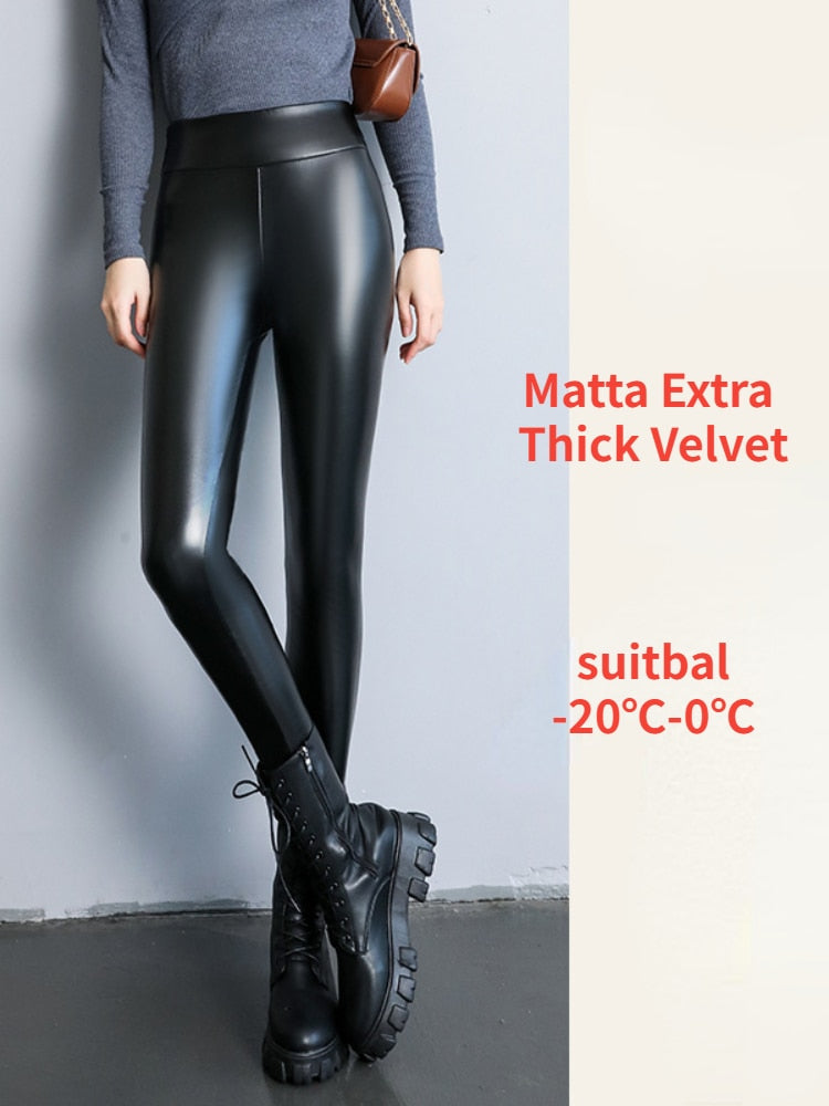 Winter Leggings Women Warm  Leather High Waisted Strengthed Thick Velvet Black Slimming Faux Pu Leather Leggings for Women