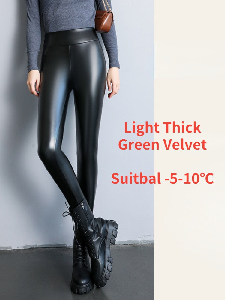 Winter Leggings Women Warm  Leather High Waisted Strengthed Thick Velvet Black Slimming Faux Pu Leather Leggings for Women