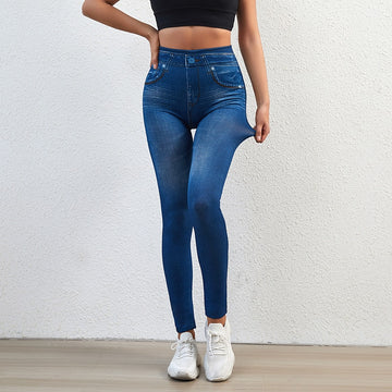 Women Jeggings Faux Denim Jeans Leggings High Waisted Tummy Control Slim Leggins Printed Pencil Pants Seamless Skinny Trousers