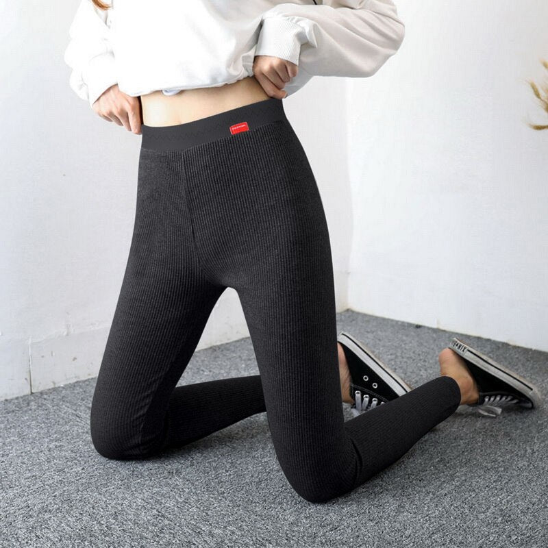 Winter Ribbed Knit Leggings Women'S Slimming Velvet Cotton Tights Black Stretch Gray Thick Warm Leggings For Women With Fleece
