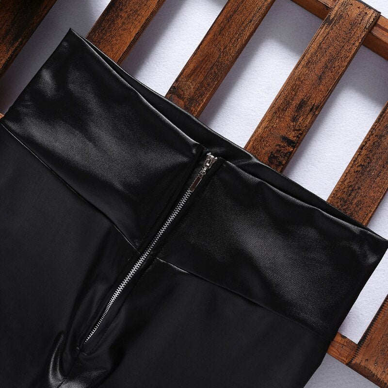 Women High Waisted Zipper Pencil Pants Black Faux Leather Legging with Zipper